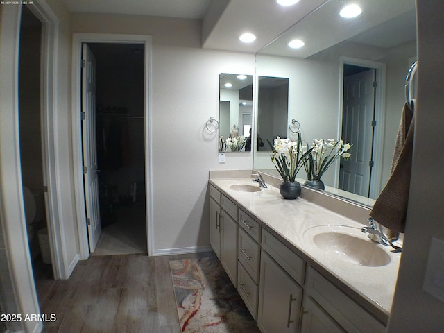 bathroom with hardwood / wood-style floors and vanity