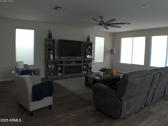 living room with ceiling fan and wood-type flooring