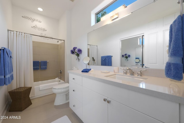 full bathroom with vanity, shower / bathtub combination with curtain, and toilet