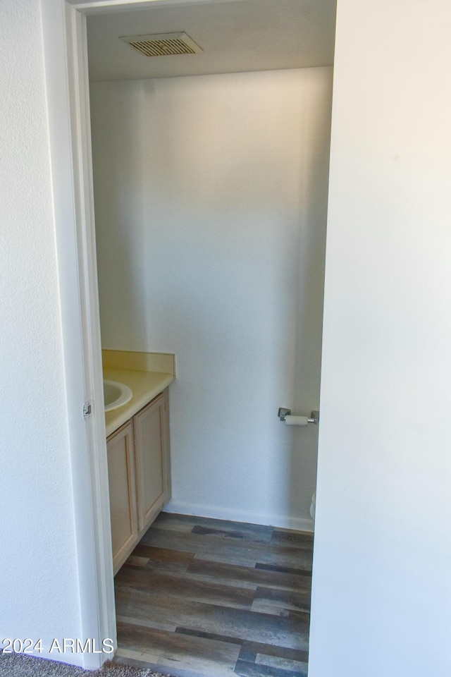 bathroom with hardwood / wood-style floors and vanity