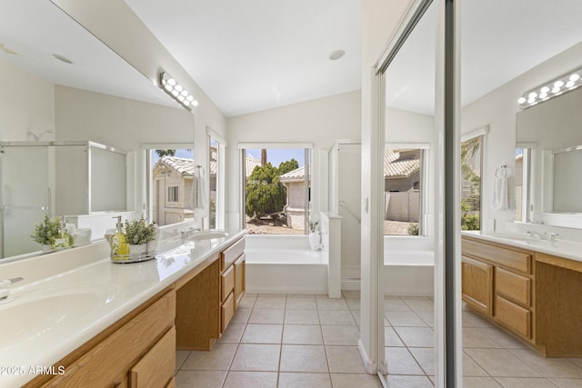 19010 N 35th Way, Phoenix, AZ 85050 - bathroom with a shower stall, a garden tub, double vanity, healthy amount of natural light, and lofted ceiling