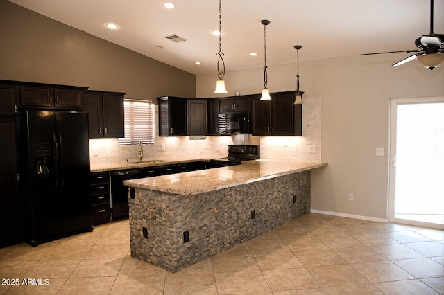 749 N 99th St, Mesa, AZ 85207 - kitchen with black appliances, a sink, tasteful backsplash, a ceiling fan, and lofted ceiling