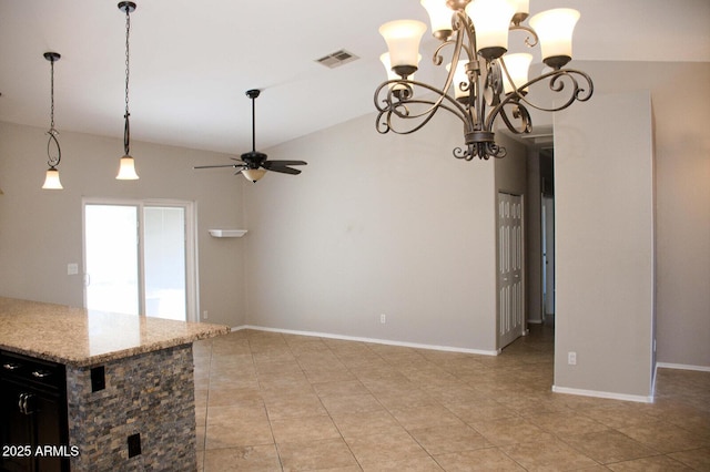 749 N 99th St, Mesa, AZ 85207 - kitchen with a ceiling fan, lofted ceiling, light tile patterned floors, a chandelier, and hanging light fixtures
