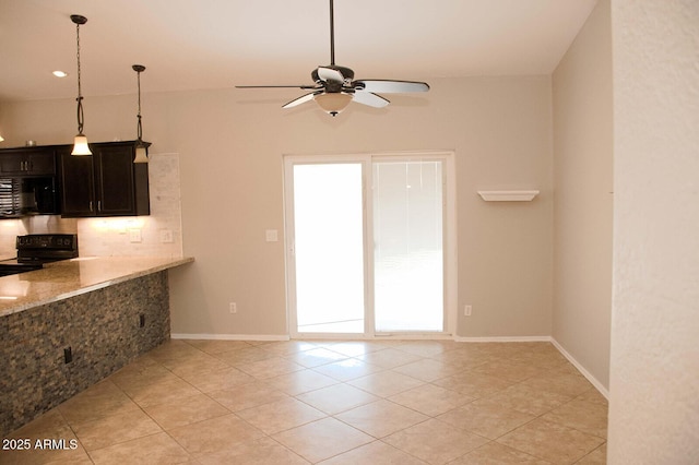 749 N 99th St, Mesa, AZ 85207 - kitchen featuring black appliances, a ceiling fan, light tile patterned floors, decorative backsplash, and baseboards