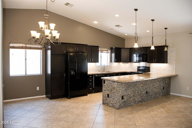749 N 99th St, Mesa, AZ 85207 - kitchen with black appliances, vaulted ceiling, backsplash, a chandelier, and a peninsula