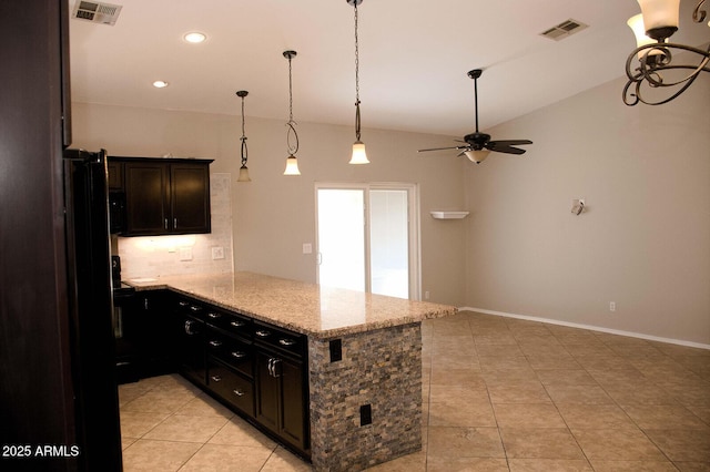 749 N 99th St, Mesa, AZ 85207 - kitchen featuring a peninsula, a ceiling fan, lofted ceiling, light stone countertops, and light tile patterned floors