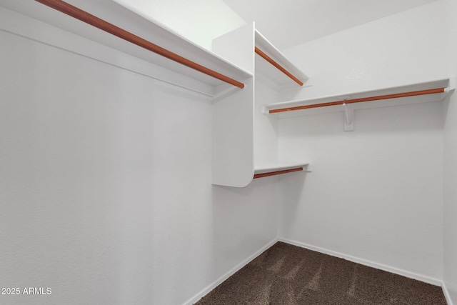 spacious closet featuring dark carpet