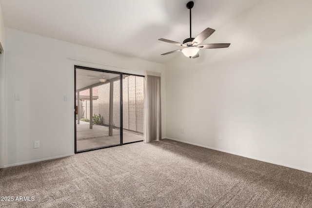 unfurnished room featuring carpet floors, baseboards, and a ceiling fan