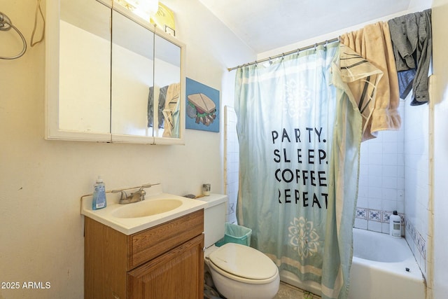 bathroom featuring shower / bath combo with shower curtain, vanity, and toilet