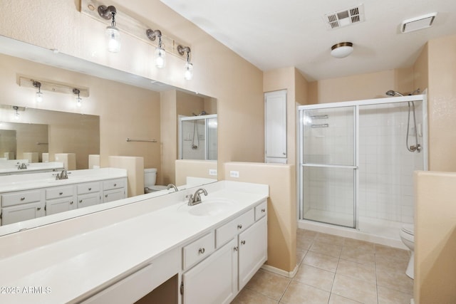 full bathroom featuring vanity, tile patterned floors, toilet, a shower stall, and visible vents