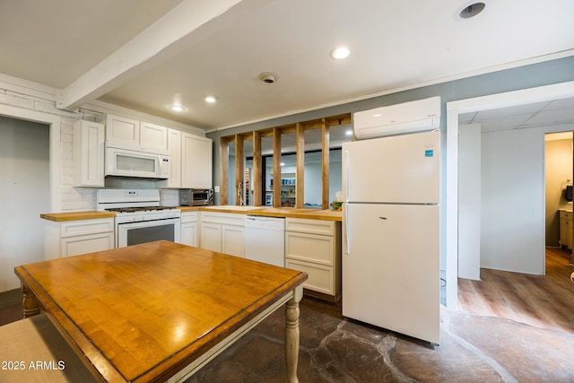 730 Mingus Ave, Prescott, AZ 86301 - kitchen with white appliances, a wall mounted AC, white cabinetry, recessed lighting, and butcher block counters
