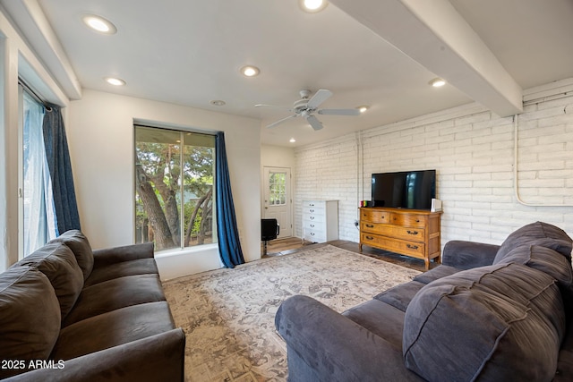730 Mingus Ave, Prescott, AZ 86301 - living area featuring brick wall, a ceiling fan, recessed lighting, and wood finished floors