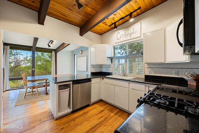 730 Mingus Ave, Prescott, AZ 86301 - kitchen with dishwasher, a sink, wood ceiling with exposed beams, a peninsula, and white cabinets