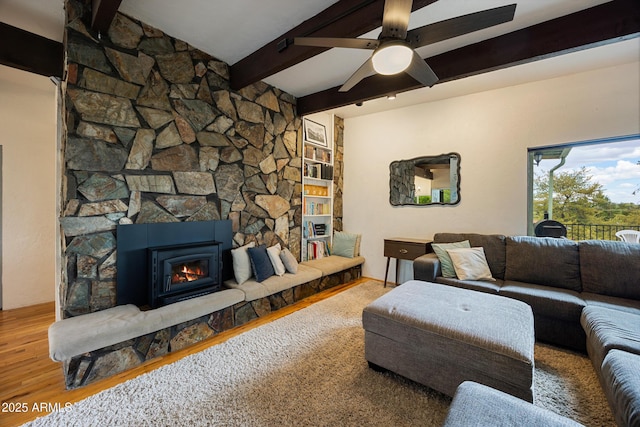 730 Mingus Ave, Prescott, AZ 86301 - living area with beamed ceiling, a ceiling fan, wood finished floors, and a large fireplace