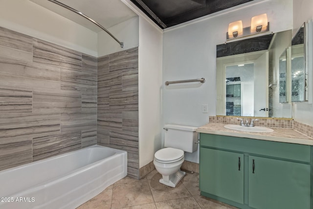 full bath with toilet, vanity, tile patterned flooring, and washtub / shower combination