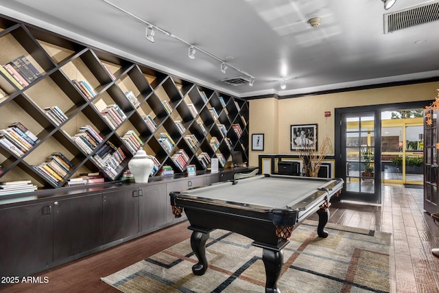 playroom with wood-type flooring, pool table, and track lighting