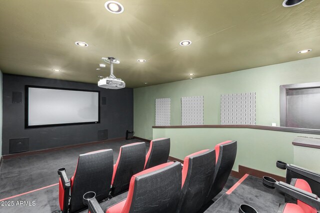 cinema room featuring recessed lighting, carpet, and baseboards