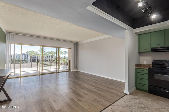 kitchen featuring green cabinets, black / electric stove, range hood, baseboards, and open floor plan