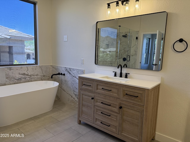 33220 N 60th Way, Scottsdale, AZ 85266 - full bath featuring a marble finish shower, a freestanding tub, tile walls, and vanity