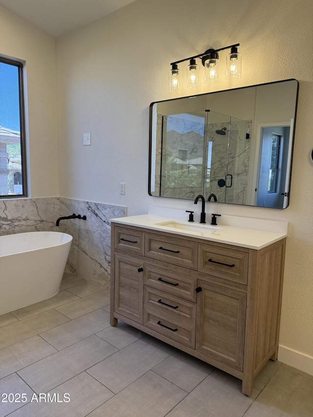 33220 N 60th Way, Scottsdale, AZ 85266 - bathroom with a marble finish shower, vanity, a freestanding bath, tile walls, and tile patterned flooring