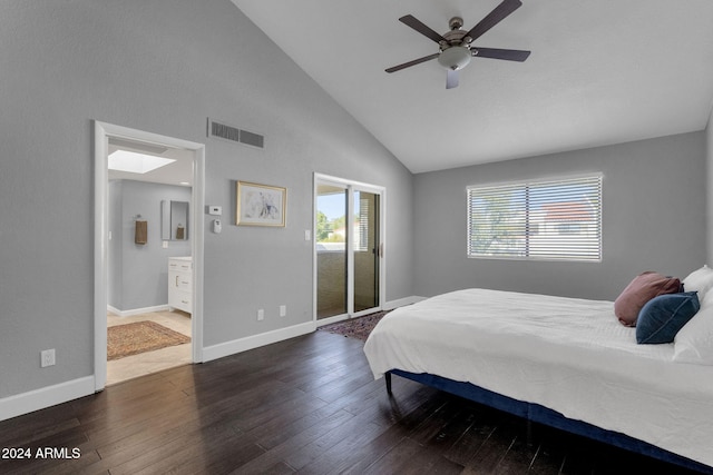 bedroom with dark hardwood / wood-style floors, multiple windows, and ceiling fan