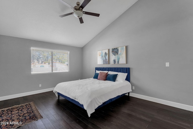 bedroom featuring ceiling fan, high vaulted ceiling, and dark wood-type flooring