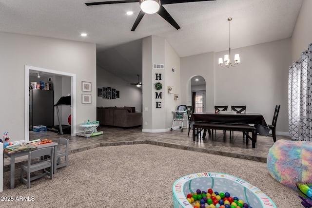 5354 E Ellis St, Mesa, AZ 85205 - rec room featuring ceiling fan, arched walkways, a chandelier, recessed lighting, and high vaulted ceiling