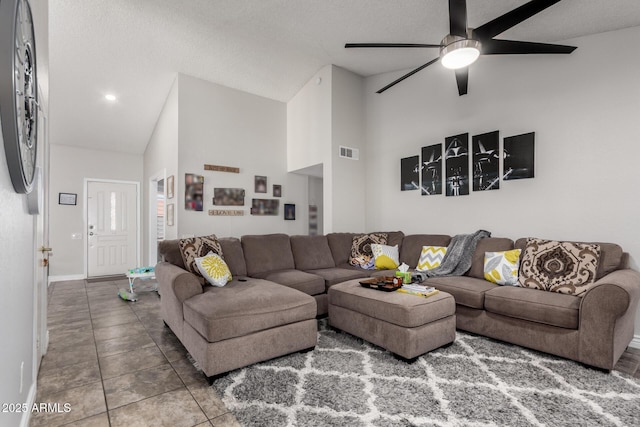 5354 E Ellis St, Mesa, AZ 85205 - tiled living area featuring high vaulted ceiling and ceiling fan