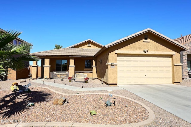 ranch-style house featuring a porch, a garage, a tile roof, concrete driveway, and stucco siding