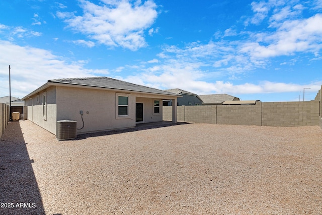 back of property featuring a fenced backyard, central AC unit, and stucco siding