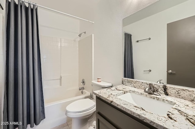 bathroom with vanity, shower / tub combo, tile patterned flooring, and toilet