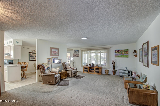 carpeted living room with a textured ceiling