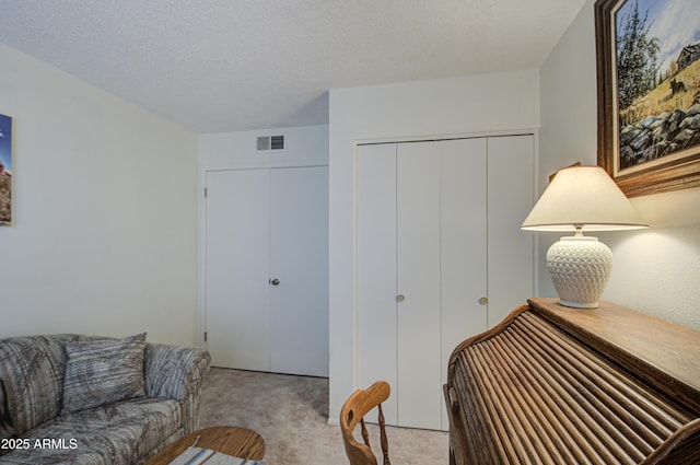 carpeted living room with a textured ceiling