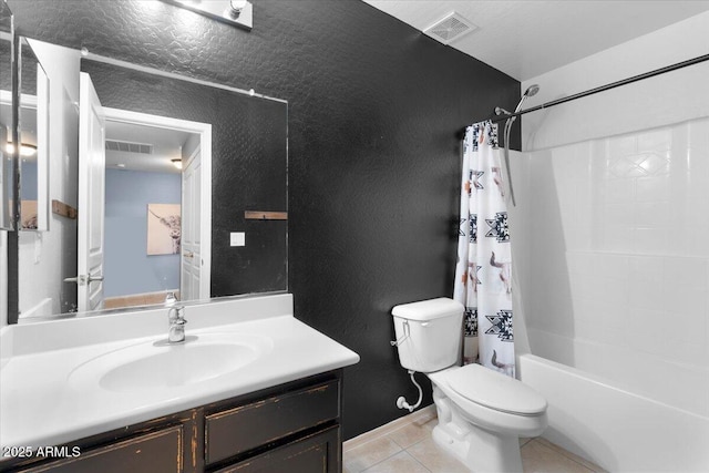 bathroom featuring visible vents, toilet, shower / tub combo, vanity, and tile patterned floors