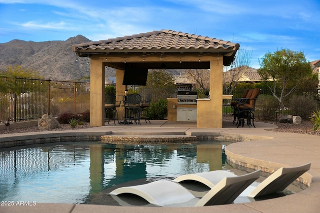 view of pool featuring grilling area, a gazebo, area for grilling, a patio area, and fence