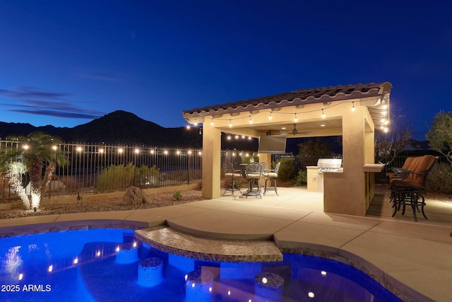 view of pool featuring a fenced backyard, area for grilling, a ceiling fan, a fenced in pool, and a patio area