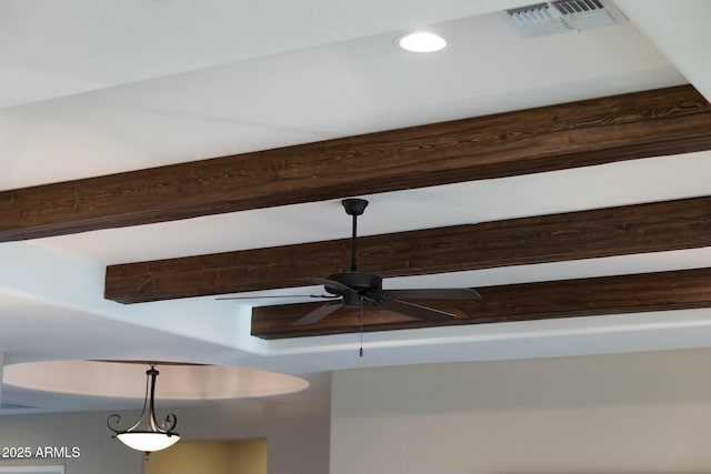 room details with recessed lighting, visible vents, beamed ceiling, and ceiling fan