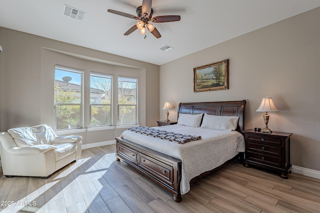 bedroom featuring ceiling fan and light wood-type flooring