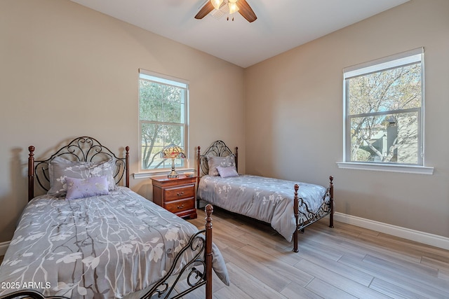 bedroom with ceiling fan and light wood-type flooring