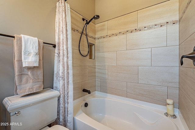 bathroom with shower / bathtub combination with curtain and toilet