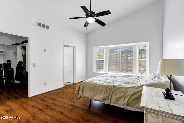 1245 W Cindy St, Chandler, AZ 85224 - bedroom with a spacious closet, wood finished floors, high vaulted ceiling, and a ceiling fan