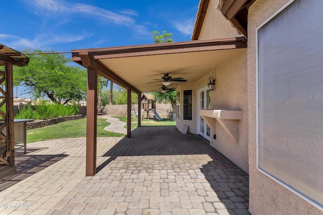 1245 W Cindy St, Chandler, AZ 85224 - view of patio / terrace featuring a playground and a ceiling fan