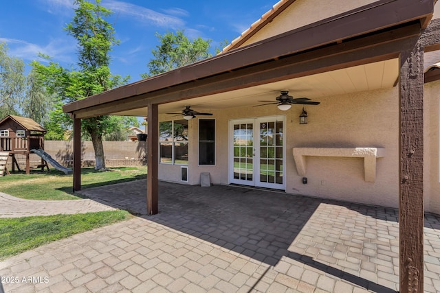 1245 W Cindy St, Chandler, AZ 85224 - view of patio / terrace featuring ceiling fan, a playground, and french doors
