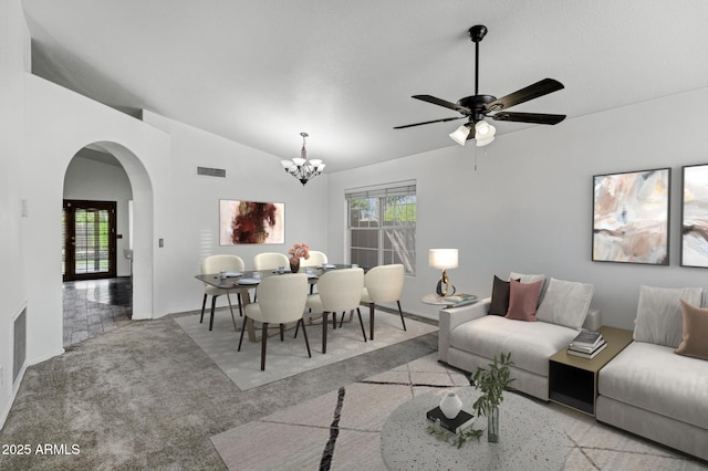 1245 W Cindy St, Chandler, AZ 85224 - living area with arched walkways, lofted ceiling, a chandelier, healthy amount of natural light, and a ceiling fan