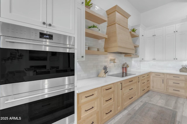 35150 N Bell Rd, Queen Creek, AZ 85144 - kitchen with decorative backsplash, light brown cabinets, open shelves, stainless steel double oven, and black electric cooktop