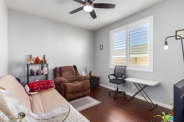 office with dark hardwood / wood-style flooring and ceiling fan