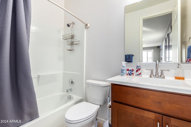 full bathroom with vanity, toilet, and shower / bathtub combination with curtain