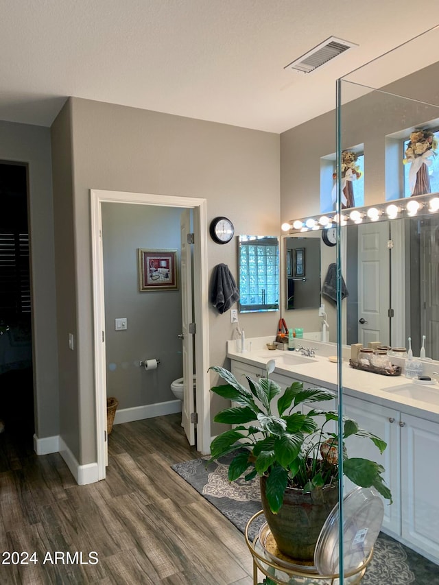 bathroom featuring hardwood / wood-style flooring, vanity, and toilet