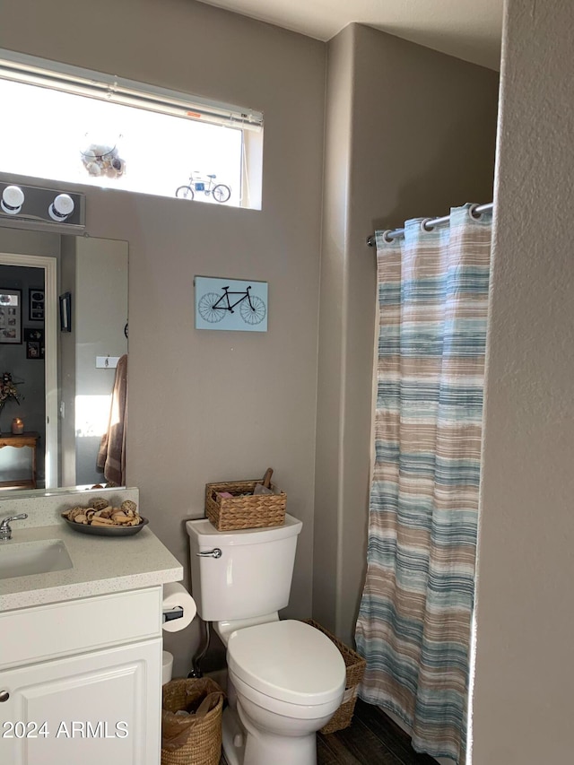 bathroom featuring a shower with shower curtain, vanity, and toilet