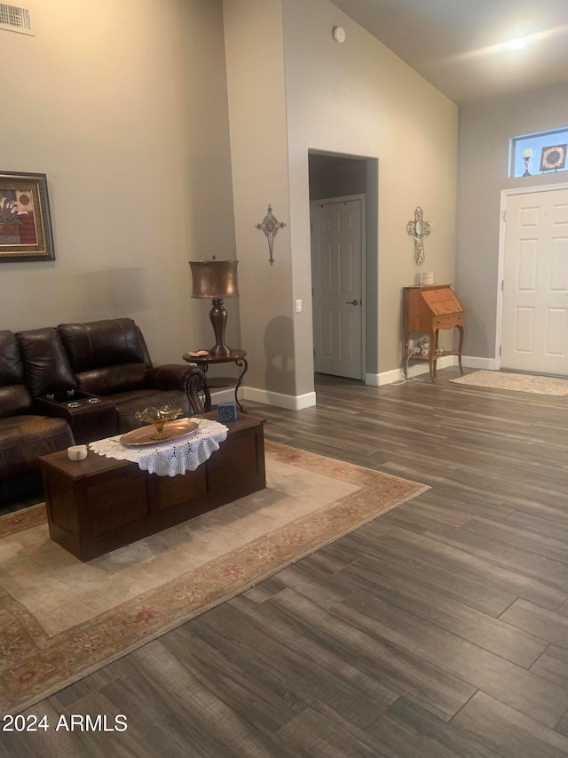 living room with wood-type flooring and high vaulted ceiling